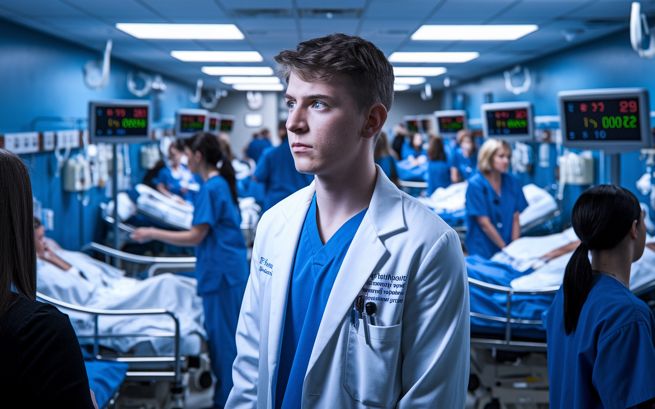 A young medical applicant standing in a crowded emergency room, gazing thoughtfully ahead. The scene captures a vibrant hospital environment, with medical staff efficiently attending to patients and heart monitors beeping rhythmically in the background. The applicant displays a mix of determination and uncertainty, conveying the emotional weight of their first experience in the medical field. The lighting is dramatic, highlighting the intensity of the moment while evoking a sense of purpose.