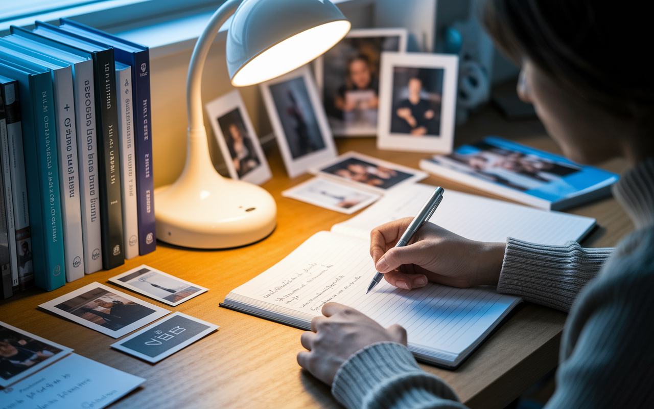 A serene study room, filled with inspirational materials on a desk: medical books, personal journals, and a glowing lamp illuminating a thoughtful applicant crafting their personal statement. The camera angle provides a close-up view of the individual's deep concentration, surrounded by various tokens of their journey such as photos from volunteer experiences. The atmosphere is calm yet filled with ambition, as golden hour light spills in, reflecting a journey of growth.