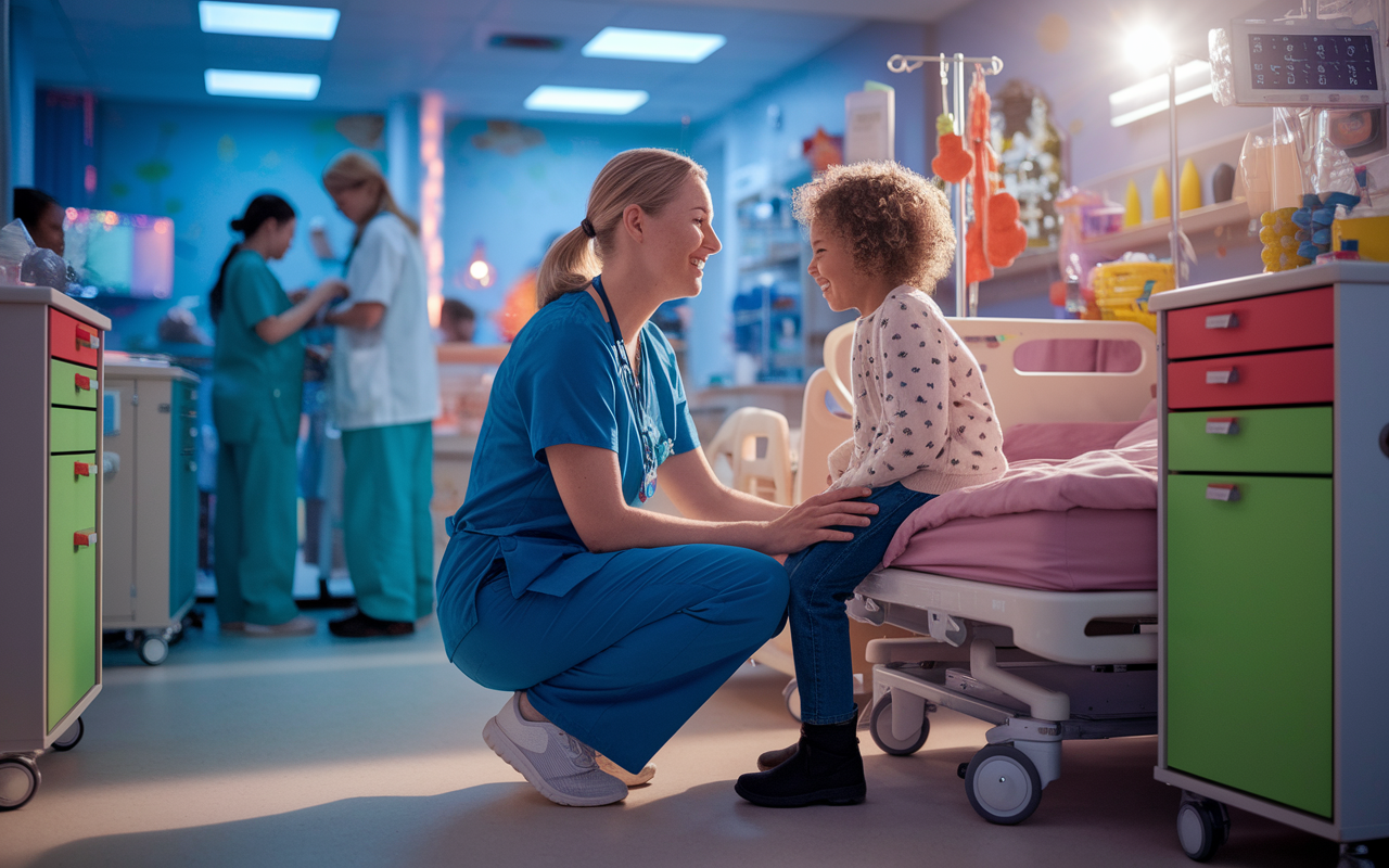 A compassionate volunteer in scrubs kneeling beside a young patient in a pediatric ward, sharing a heartfelt moment of connection. The room is colorful and filled with cheerful decorations, showcasing hope and resilience. Soft, warm lighting creates an intimate atmosphere, emphasizing the emotional bond between the volunteer and the patient. The scene captures the essence of compassion in medicine, with hospital staff engaged in care in the background.