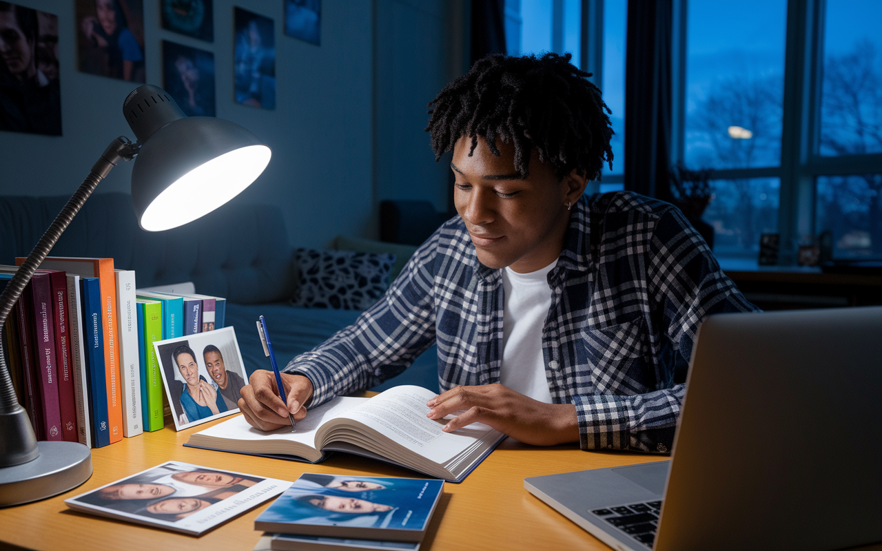 A college student studying late at night in a cozy dorm room, surrounded by textbooks, a laptop, and family photos that symbolize support. An atmosphere of concentrated determination, with a desk lamp providing focused light on their work. The student's expression reflects resilience and introspection, symbolizing their journey through academics and personal challenges, with a sense of warmth and hope emanating from the surrounding environment.