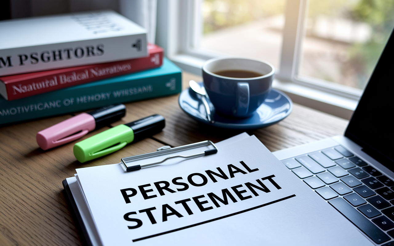 A close-up view of a personal statement on a laptop screen, surrounded by a cup of coffee and highlighters on a wooden table. The background includes motivational books on medical careers, highlighting the significance of personal narratives. Beautiful natural light streams in through a nearby window, evoking a sense of hope and future possibilities.