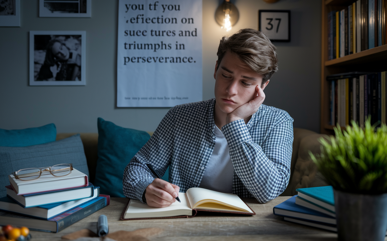 A reflective student journaling at a cozy, well-lit study nook, surrounded by books and a motivational poster about perseverance. The student looks pensive, pen in hand, capturing their reflections on failures and triumphs in a leather-bound notebook. The atmosphere is intimate, with soft shadows and a focus on the student’s thoughtful expression.