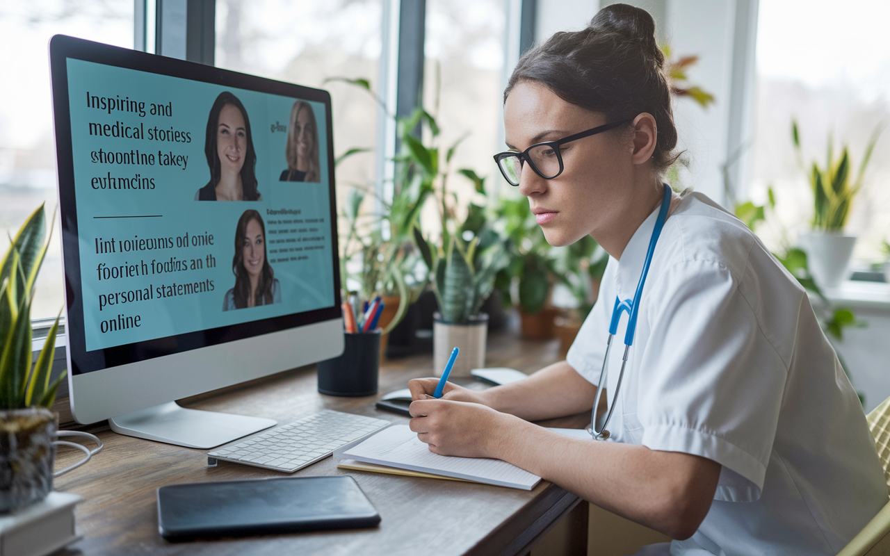 An aspiring medical student sitting at their study desk, intently researching medical topics online. The screen shows inspiring medical stories and personal statements. The student, wearing glasses, takes notes with a focused expression, set in a bright room filled with plants to convey growth and vitality.