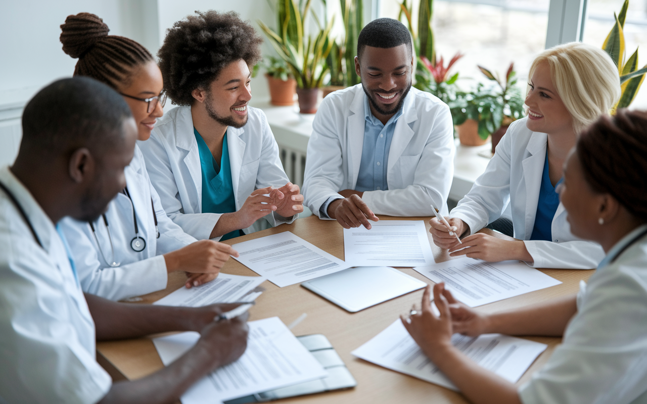 A small group of diverse medical students gathered around a table, engaging in a peer review session. They are discussing feedback on printed personal statements with enthusiasm, surrounded by notes and laptops. The room is bright and filled with plants, promoting a collaborative and encouraging environment.