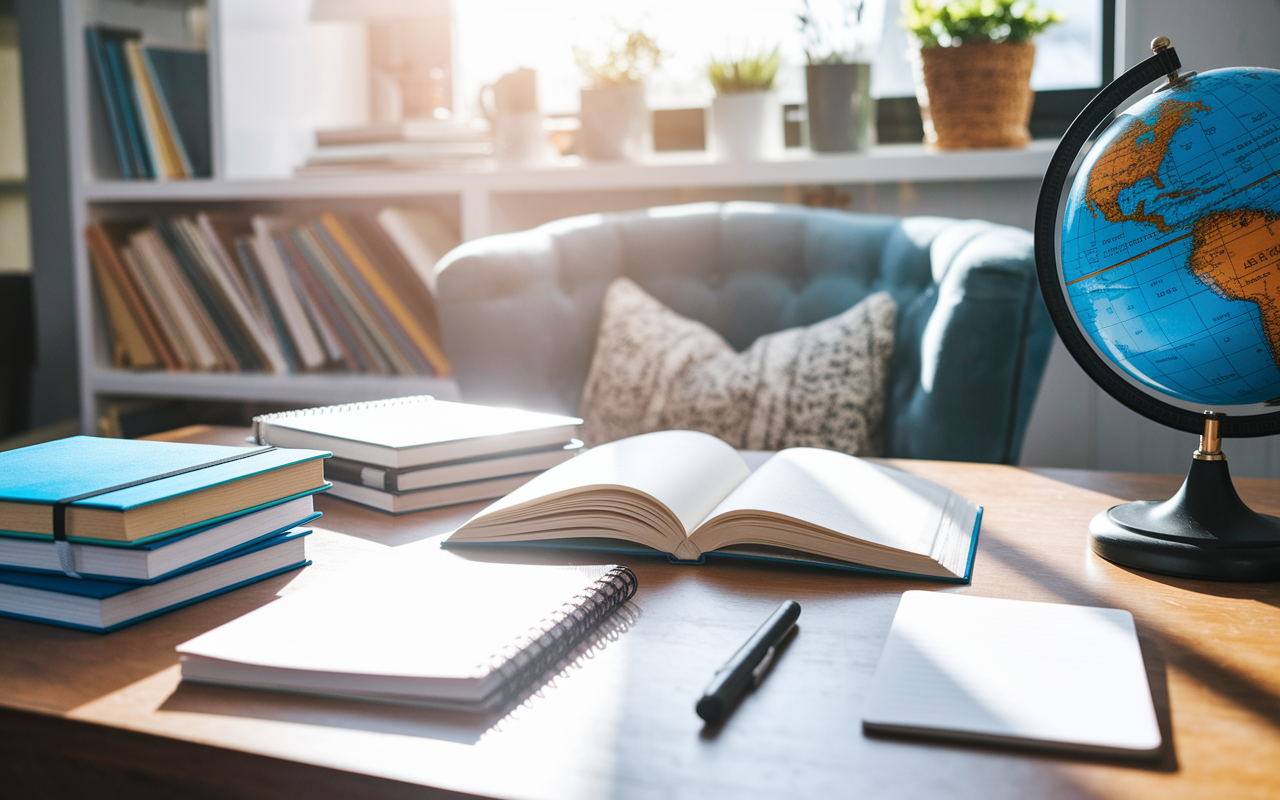 An inspiring workspace filled with books, a globe, and notebooks, showcasing a blend of creativity and focus. A cozy chair beside the desk suggests a place to ponder and write. Sunlight pours in, creating a warm and encouraging atmosphere, perfect for nurturing ideas for a personal statement.