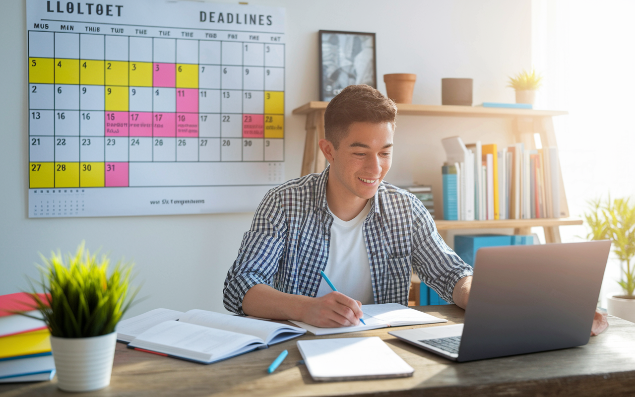 A bright, sunlit room where a student sits at a wooden desk surrounded by notes and textbooks. The student, looking determined and focused, is drafting their personal statement on a laptop. A calendar on the wall shows deadlines marked in bright colors, emphasizing organization and time management for medical school applications. The atmosphere is inviting and productive, inspiring a sense of urgency and purpose.