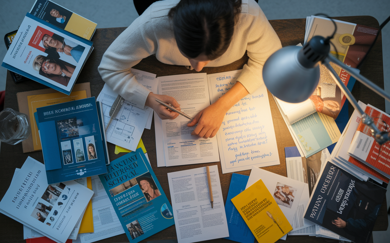 A student surrounded by medical school brochures and literature, immersed in research at a cluttered desk. They appear intrigued, with notes highlighting various programs, faculty, and features of different schools. A soft glow from a desk lamp illuminates the space, signifying dedication and a quest for knowledge. The atmosphere conveys passion and commitment to finding the perfect school fit.