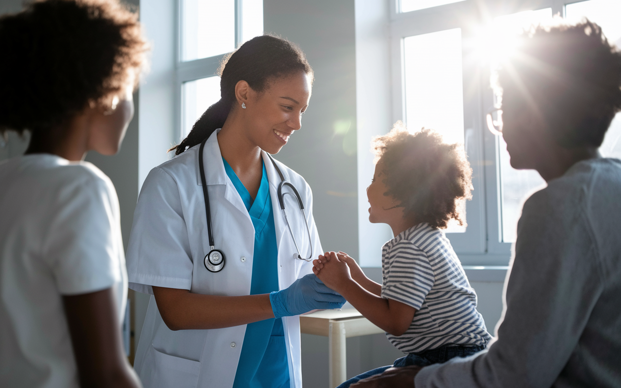 A serene scene depicting a young medical professional volunteering at a local clinic, attending to patients with warmth and compassion. The doctor shares a heartfelt moment with a child, illustrating the profound impact of healthcare on lives. Sunlight filters through windows, casting a soft glow over the setting, symbolizing hope and dedication. The image evokes a sense of purpose and connection in the medical field.