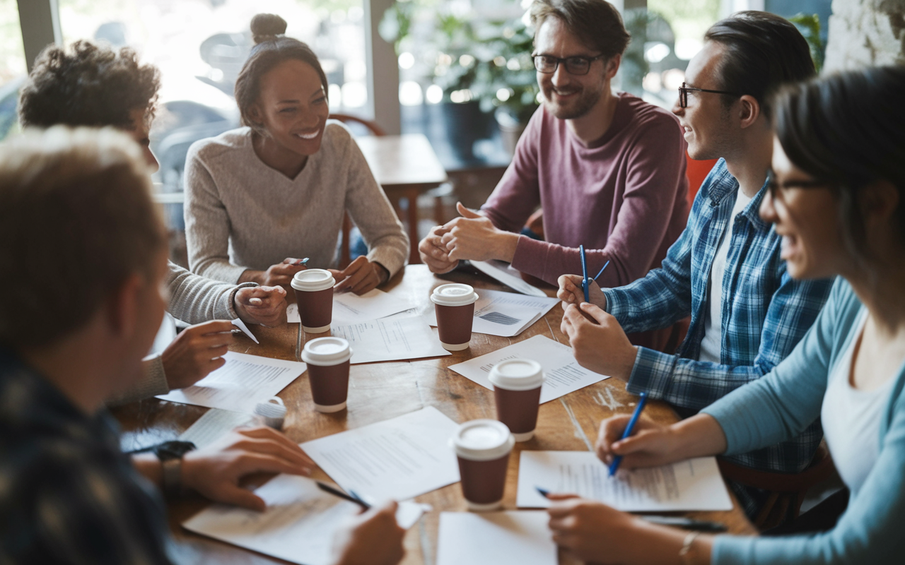 A group of students in a bright café collaborating over their personal statements, exchanging feedback and ideas. Rich coffee cups are scattered on a wooden table, and papers are filled with notes and suggestions. The environment is lively and encouraging, highlighting the importance of mentorship and support in the writing process. Natural light fills the room, creating an atmosphere of camaraderie and learning.