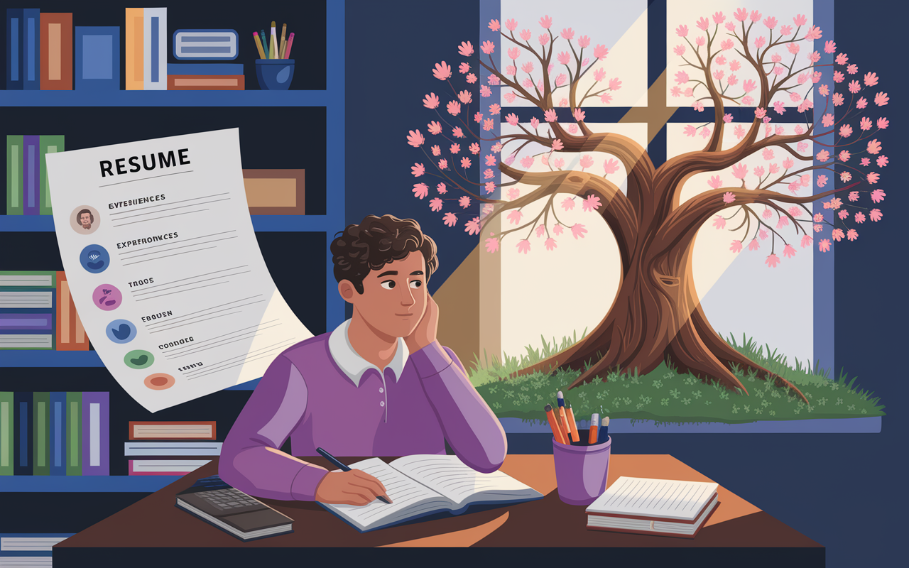 A thoughtful student in a cozy study space, surrounded by a rich array of personal experiences and accolades depicted as vibrant memories. A visual metaphor showing a resume transforming into a blossoming tree, symbolizing growth through unique stories and experiences rather than just a list. Sunlight pouring through the window adds warmth, emphasizing the journey of self-discovery.