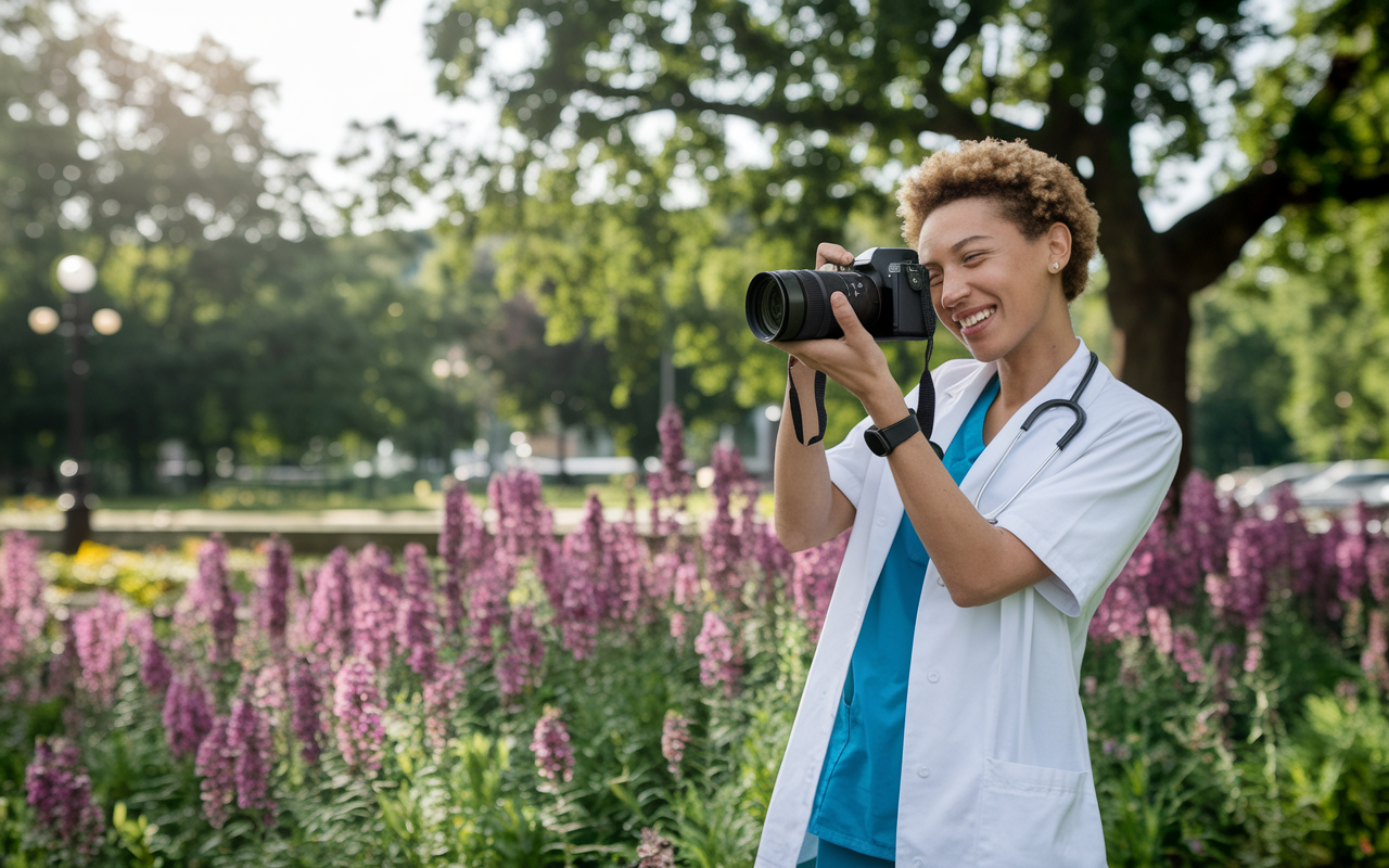 A vibrant scene showing a medical student engaged in a favorite hobby, such as photography in a lush park. They focus on capturing a beautiful landscape, with a camera in hand and an expression of joy and openness. This picturesque moment symbolizes balance in life and the importance of individuality in personal statements, highlighting the many facets of character.