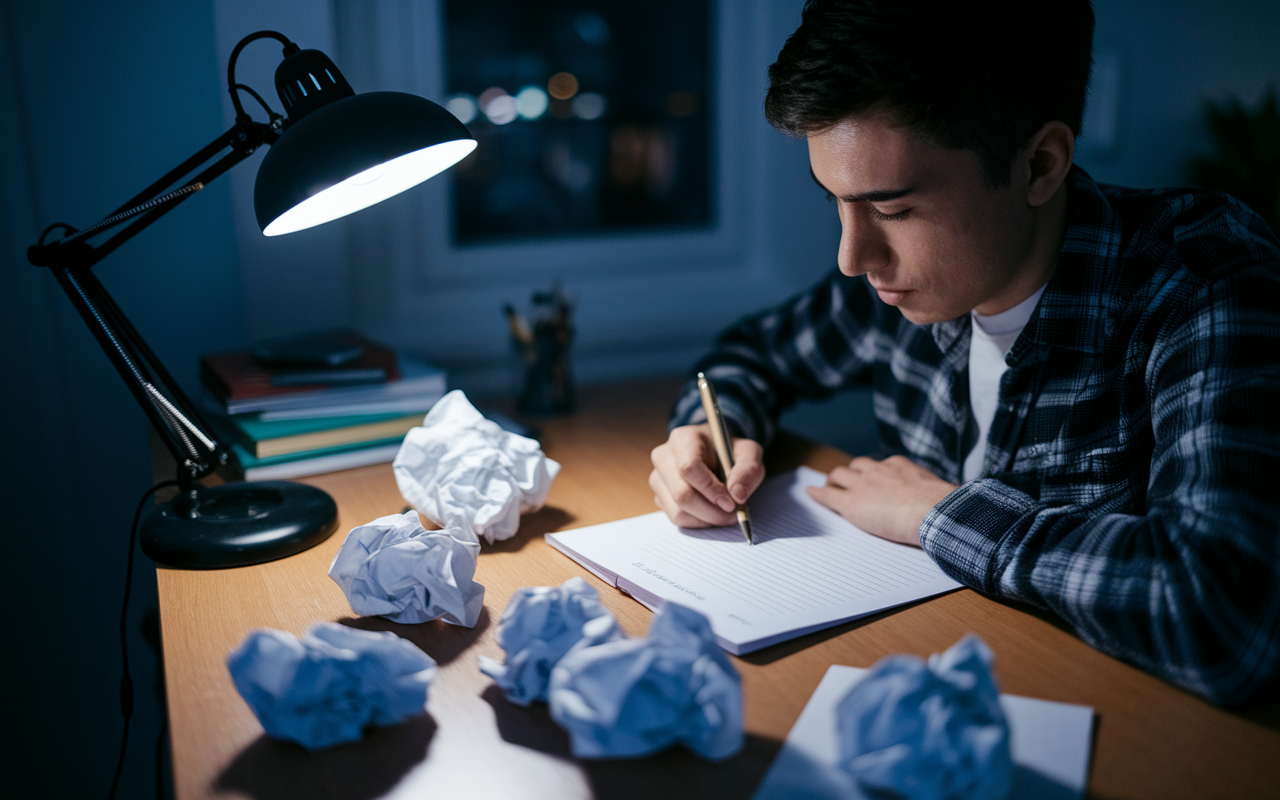 A student at a desk late at night, thoughtfully penning the conclusion of their personal statement. The desk is organized, illuminated by a desk lamp, casting soft light on crumpled papers with various thoughts. The atmosphere reflects determination and clarity as they finalize their message, symbolizing the importance of a strong ending in their narrative.