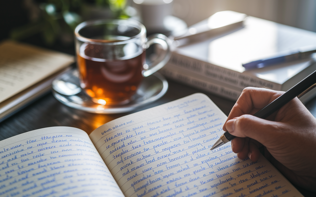 A close-up of a journal page filled with handwritten notes and reflections about a person's journey into medicine. The background showcases a cup of herbal tea and scattered medical books, setting a cozy and introspective atmosphere. Soft sunlight filters through a window, creating a warm, inviting glow that suggests contemplation and growth. The handwriting is personal and expressive, reflecting the writer's passion and unique narrative.