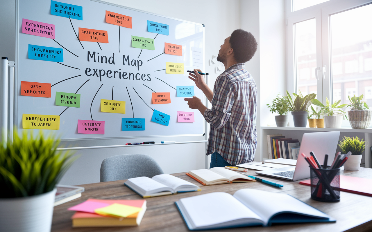 A creative workspace showcasing a mind map on a large whiteboard filled with colorful notes and arrows connecting experiences related to medicine. An individual stands in front of the board, deep in thought, with markers in hand, surrounded by textbooks and a laptop. The room is bright and airy, filled with plants, representing growth and ideas. Natural light streams in through the window, emphasizing inspiration and creativity.