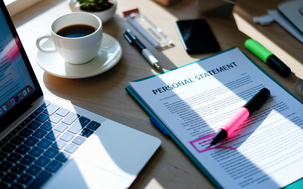 An organized desk with a laptop open, displaying a personal statement document. A pen rests beside a highlighter that has been used to mark important sections. Bright desk lighting casts soft shadows, while a cup of coffee adds a warm touch to the scene. The atmosphere is focused and productive, reflecting the rigorous editing process necessary for crafting a compelling personal statement.