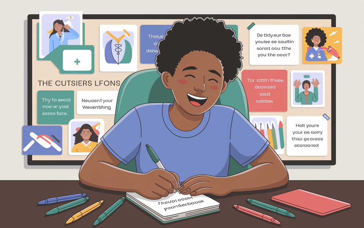 A young person sitting at a desk, writing passionately in their personal notebook with colorful pens scattered around. A vision board in the background includes images of medical fields, quotes of inspiration, and personal achievements. The lighting is cheerful and bright, symbolizing positivity and creativity. The individual is animated, embodying enthusiasm for sharing their unique story and aspirations.