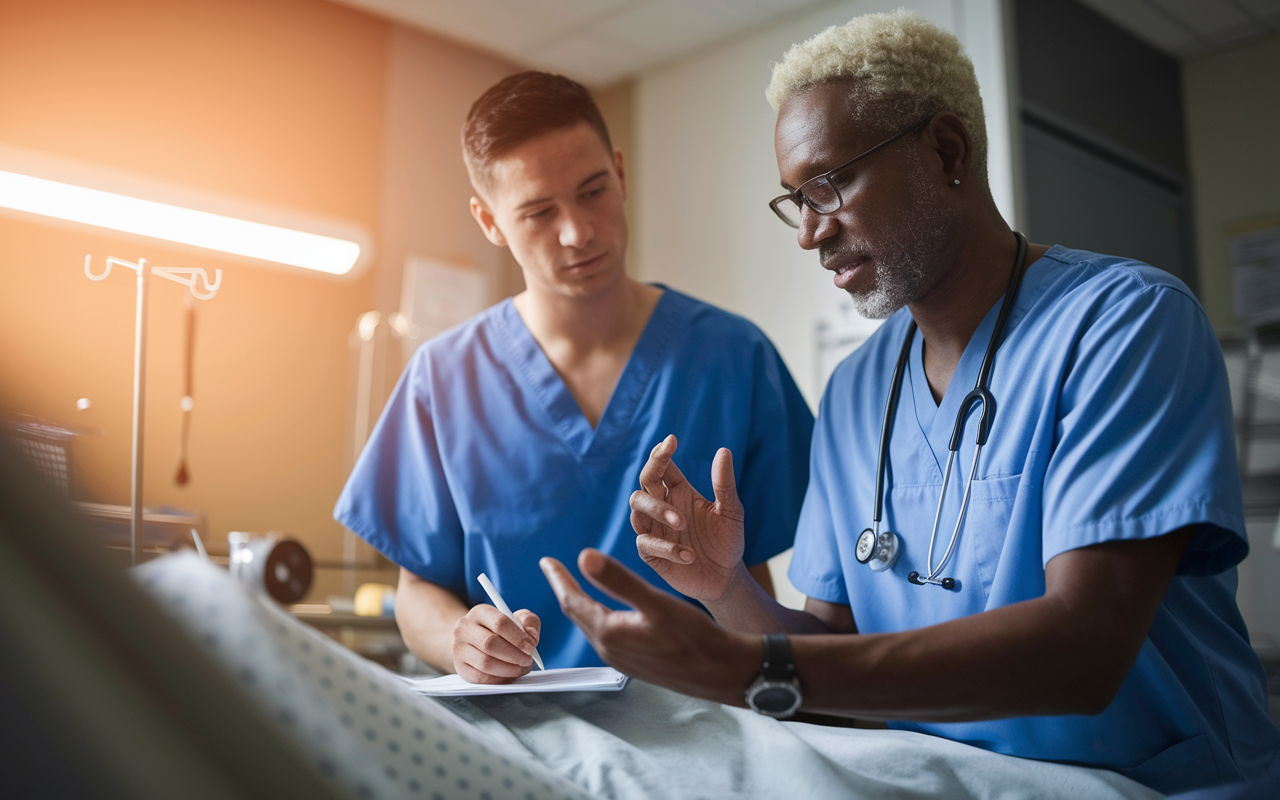 An intimate scene in a hospital room where a medical supervisor and a student are discussing a patient's care plan. The student, in scrubs, appears attentive and engaged, taking notes while the supervisor, gesturing towards a chart, provides guidance. Soft, warm hospital lighting fills the room, adding a sense of mentorship and support.