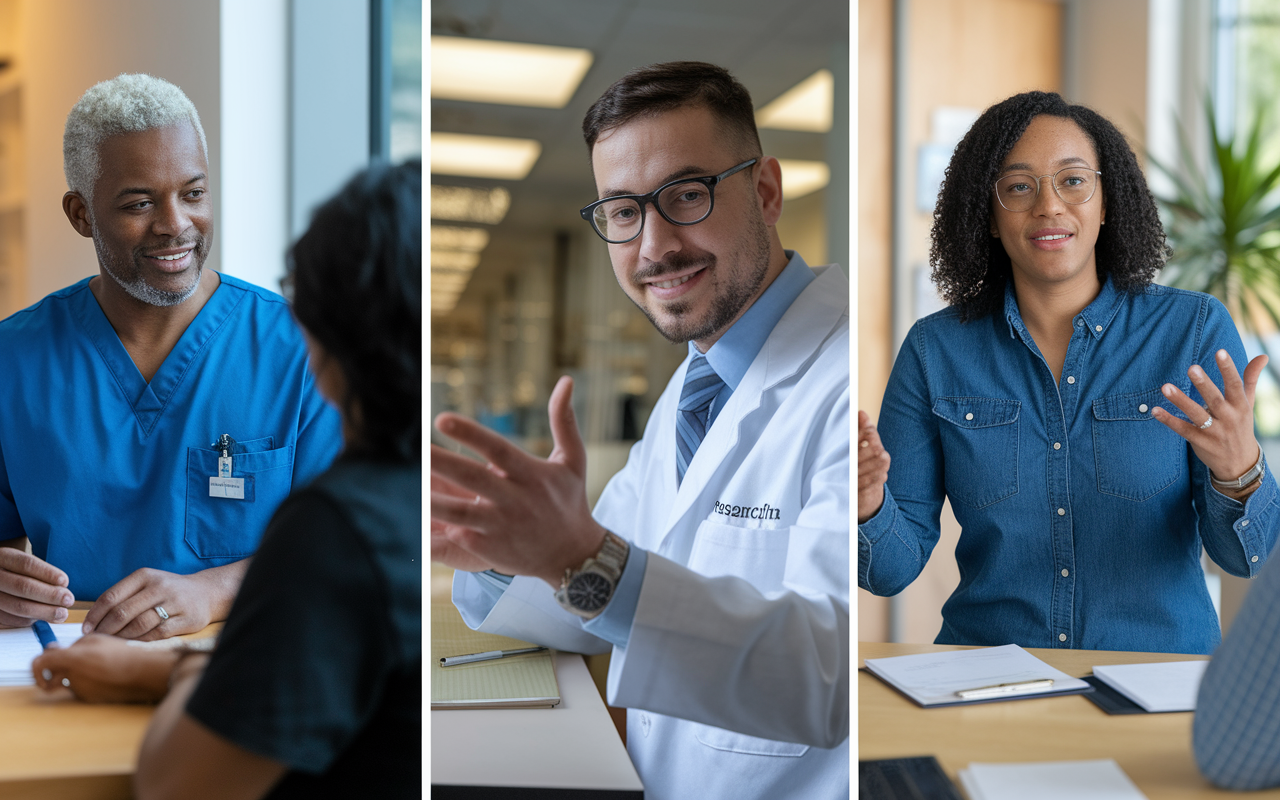 A collage of three mentors at different locations: a clinical supervisor in a hospital, a research mentor in a laboratory, and a community service leader speaking with volunteers. Each mentor is portrayed actively engaging with the students. The lighting varies—bright in the lab, warm in the hospital, and natural in the community setting—showcasing a diverse mentoring experience.