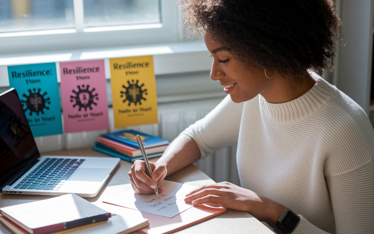 A student writing a thank-you note at her desk, with a warm expression of gratitude on her face. On the desk, alongside a laptop and various stationery, are decorations of resilience-themed posters. The sunlight filters through the window, adding a serene and positive atmosphere as she reflects on her support network.