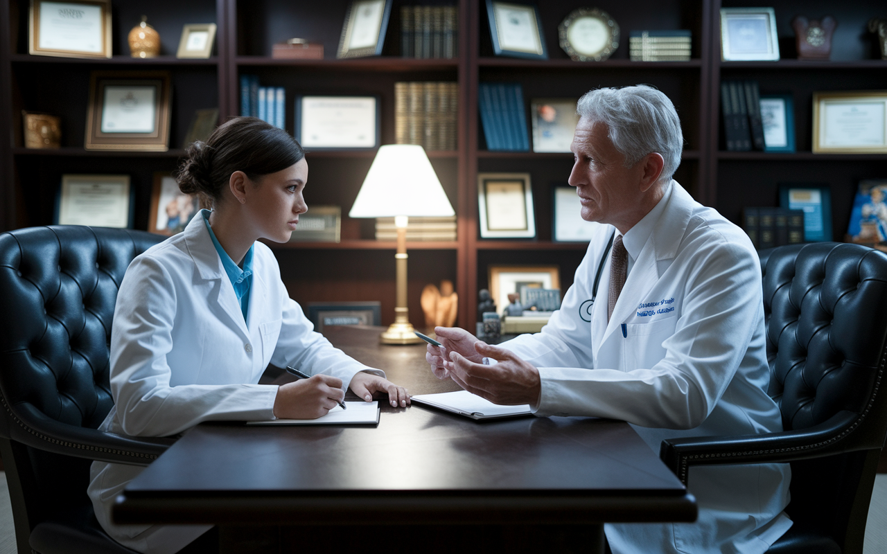 A formal setting where a medical student, dressed in business casual attire, is sitting across from a well-respected attending physician in a cozy office filled with medical books and certificates. The student is attentively listening while taking notes, and the physician appears engaged, emphasizing key points about a letter of recommendation. Soft light illuminates the room, creating an atmosphere of mentorship and professionalism.