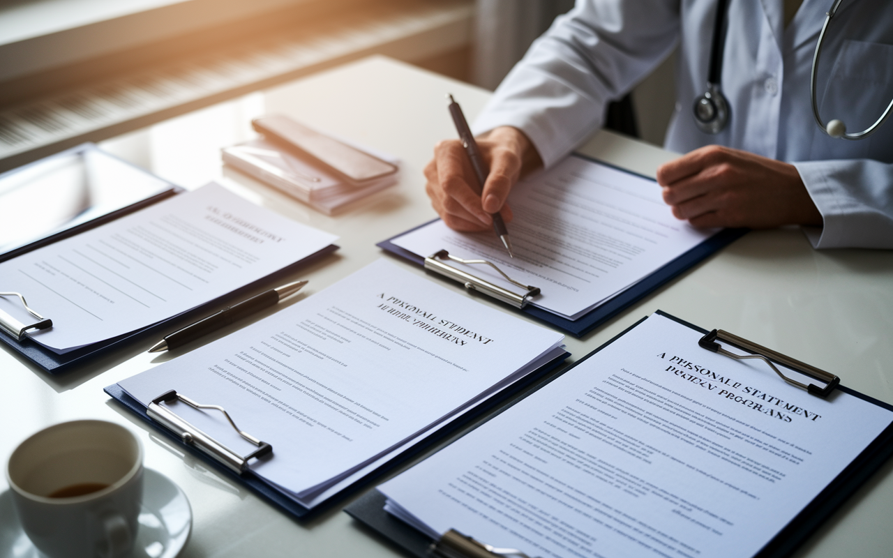 An organized workspace showcasing a neatly arranged table filled with documents: a CV outlining awards and experiences, a draft of a personal statement, and a list of residency programs. A medical student can be seen preparing for submission, with a determined yet hopeful expression. The soft morning light creates an inspiring setting, reflecting a sense of purpose.