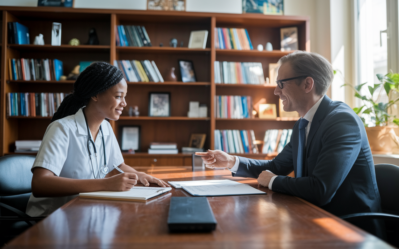 A focused medical student sitting across from a mentor in a well-lit university office during office hours. The student is attentively listening and taking notes, while the mentor points to a document for discussion. Bookshelves filled with medical literature and personal items create a welcoming and intellectually stimulating environment. Natural light filters through a window, illuminating the shared enthusiasm for knowledge and mentorship. Warm colors and realistic details enhance the connection.