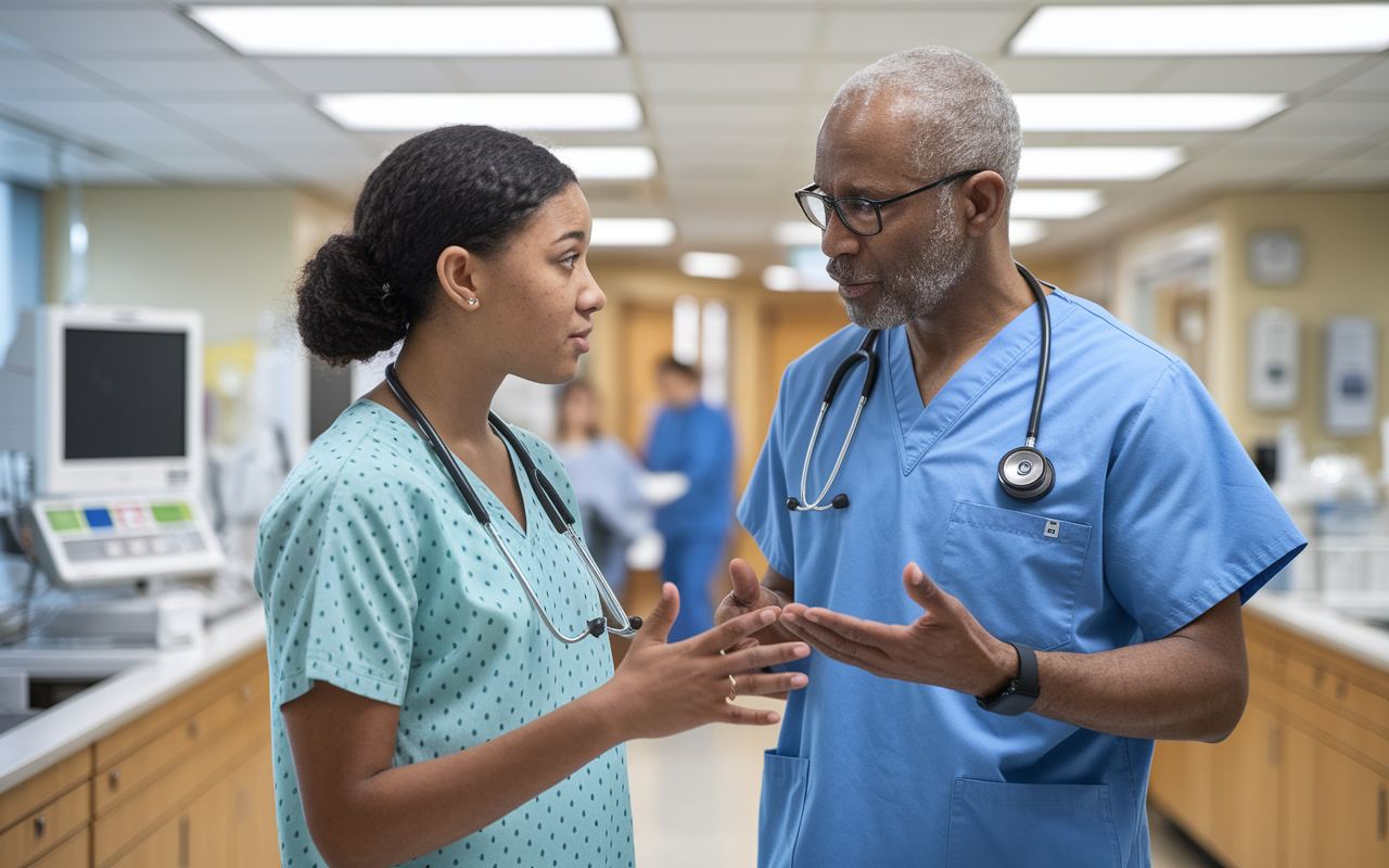 A medical student in a hospital setting speaking with a seasoned physician, both engaged in a serious conversation. The backdrop features hospital equipment and a nursing station, indicating a busy clinical environment. The physician, wearing scrubs and a stethoscope, is showing a deep sense of understanding while the student articulates their goals. The scene conveys a sense of respect, professionalism, and mentorship within the healthcare field, captured in soft natural lighting.