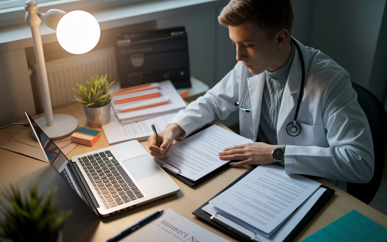 A young medical student in a quiet study room, organizing documents and crafting a personal statement on their laptop. The desk is cluttered with a CV, recommendation letters, and notes highlighting important achievements. A warm light bulb overhead casts a soft glow around the workspace, symbolizing focus and preparation. The atmosphere is studious and reflective, perfectly capturing the seriousness of preparing recommenders.