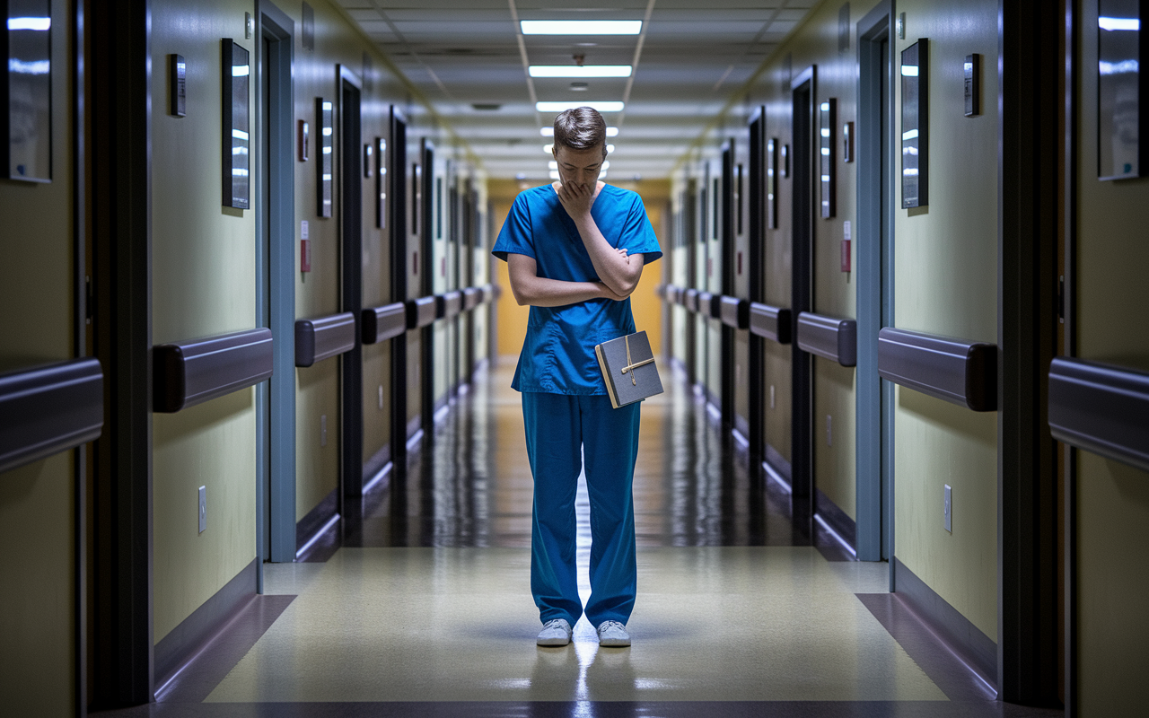 A reflective moment of a medical student standing alone in a hospital hallway, deep in thought after a long shift. The corridor is lined with patient rooms, softly illuminated by the dim lights, creating a poignant mood. The student, wearing scrubs, appears both contemplative and determined. A journal and pen are tucked under their arm, symbolizing their journey of self-discovery and growth throughout their clinical rotations.