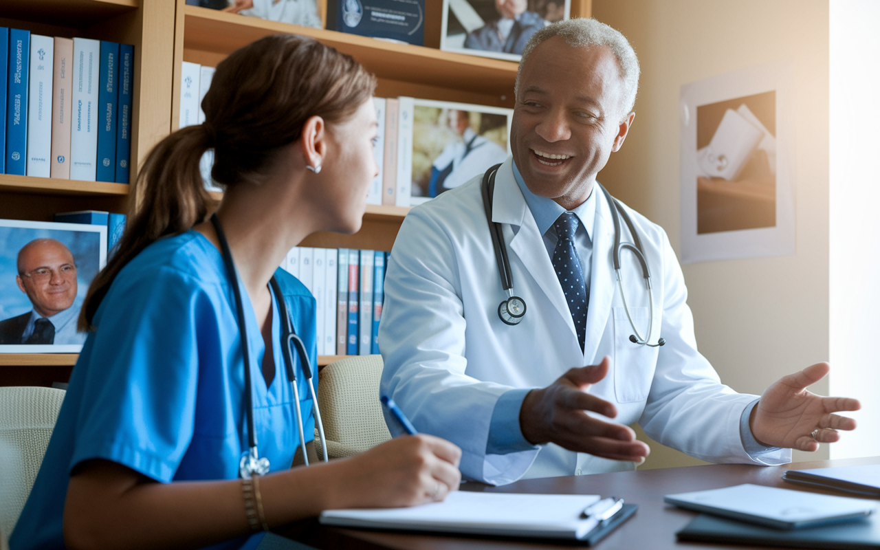 A young medical student engaged in a conversation with a seasoned mentor in a hospital office. The room is filled with medical texts and photos of past achievements. The mentor, a middle-aged physician in a white coat, is animatedly discussing career paths while the student, eager and focused, takes notes. Natural light filters through the window, creating a warm and encouraging atmosphere.