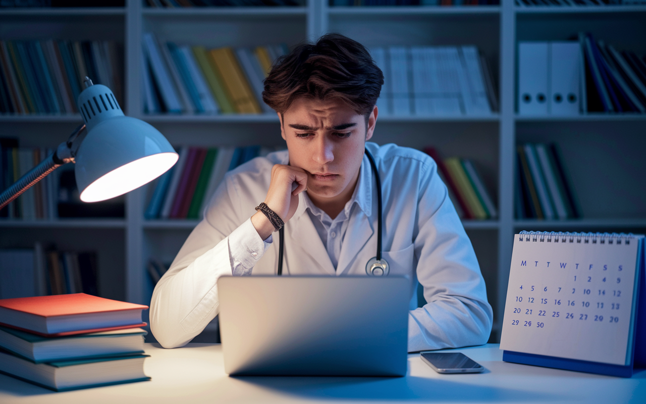 An anxious young medical student checking their email in a well-organized study space, surrounded by textbooks and a calendar marked with important dates. The student is visibly nervous yet determined, as they prepare to reach out to a mentor for a letter of recommendation. A soft glow from a desk lamp enhances the atmosphere of anticipation.