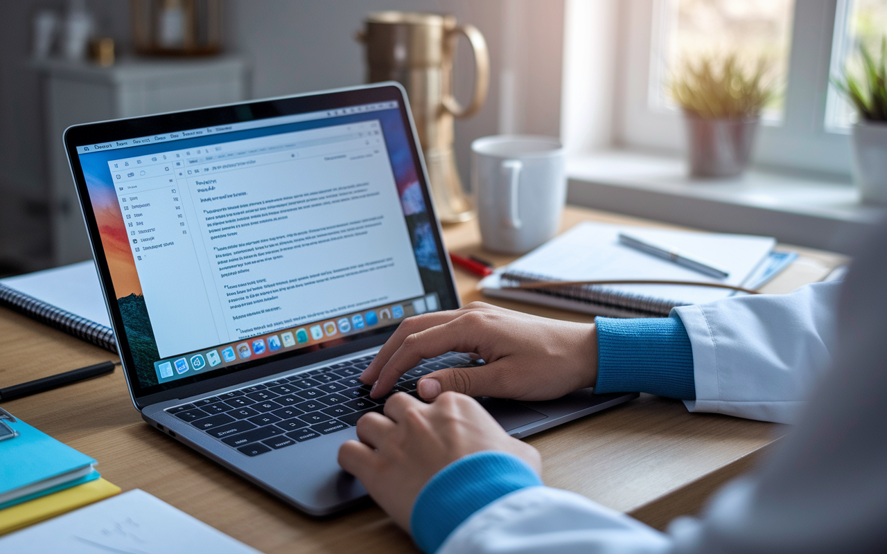 A well-crafted email draft on a laptop screen, with a medical student’s hand poised over the keyboard. The scene captures the student’s expression of concentration and focus, surrounded by notes and study materials in a brightly lit home workspace. The atmosphere conveys seriousness and professionalism as they prepare their request for a letter of recommendation.