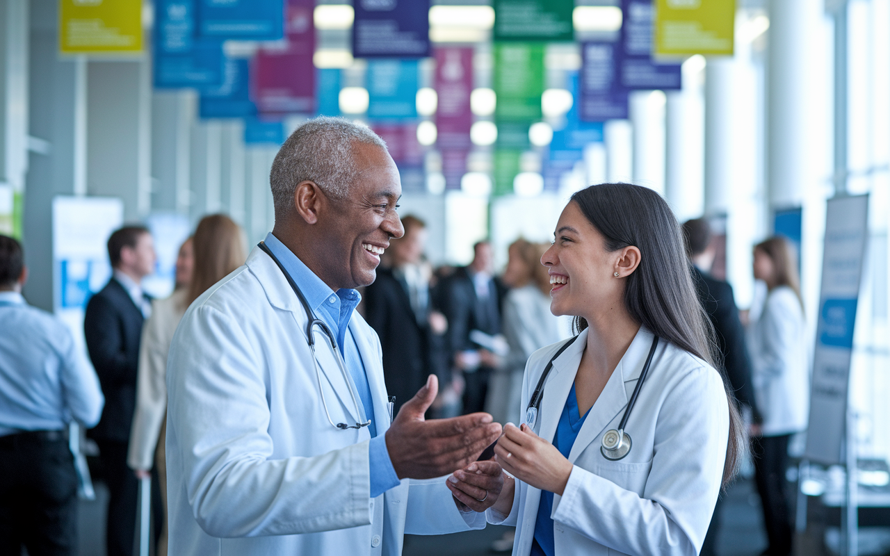 A joyful reunion between a medical student and their mentor at a professional conference where they are exchanging ideas. The background is filled with banners and posters, showing vibrant networking activity. The mentor is an older physician, and the young student is enthusiastic, displaying a genuine rapport and connection. Bright, natural lighting creates an uplifting, inspiring environment.