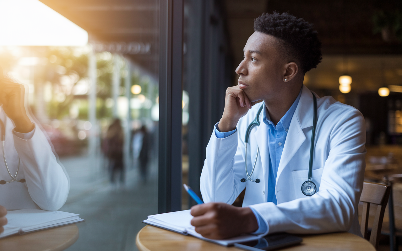 A thoughtful medical student sitting in a quiet corner of a coffee shop, reflecting on a mentor's recent rejection of their request for a letter of recommendation. The student is looking out the window, deep in contemplation, with a notebook and pen in front of them. The soft glow of sunlight filtering into the shop symbolizes hope and resilience.