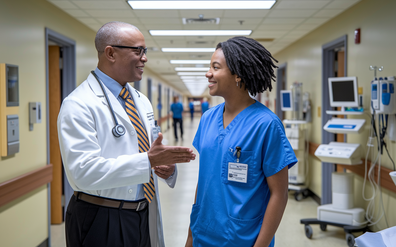 An experienced physician in professional attire, warmly discussing with a medical student in scrubs during a clinical rotation. They are in a hospital corridor filled with medical equipment and patient rooms in the background. The atmosphere conveys mentorship and learning, reflecting a moment of guidance. The physician has an encouraging expression, while the student listens intently, showcasing engagement and eagerness to learn. Bright but balanced hospital lighting with realistic details.