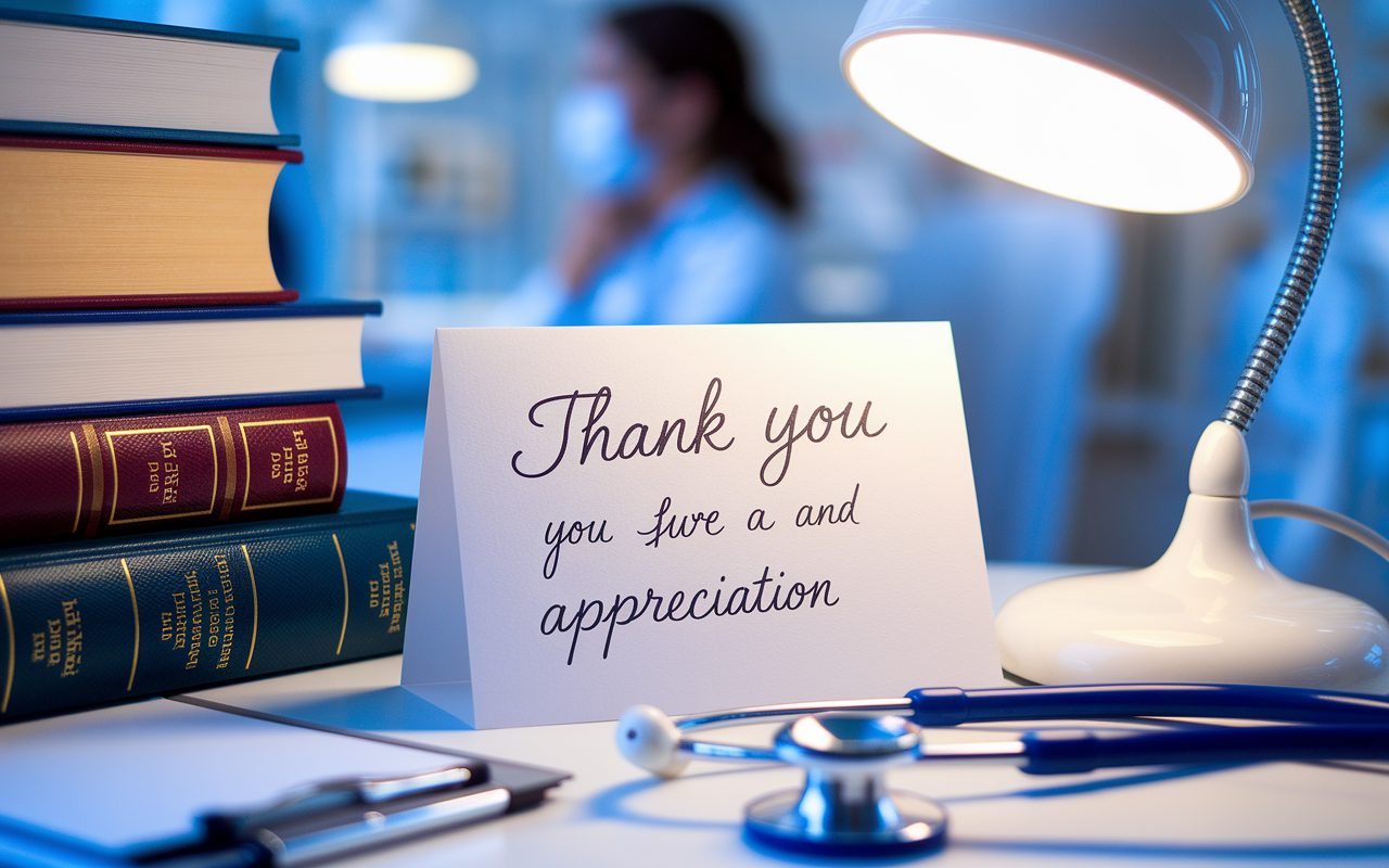 A close-up of a handwritten thank you note, elegantly placed on a desk surrounded by medical books and a stethoscope, symbolizing gratitude. The note includes three lines of appreciation in cursive handwriting, with a soft glow of a desk lamp illuminating it. A subtle hint of a busy clinical environment is blurred in the background, conveying the blend of professionalism and personal touch in maintaining relationships. Warm, inviting atmosphere, with a focus on details.