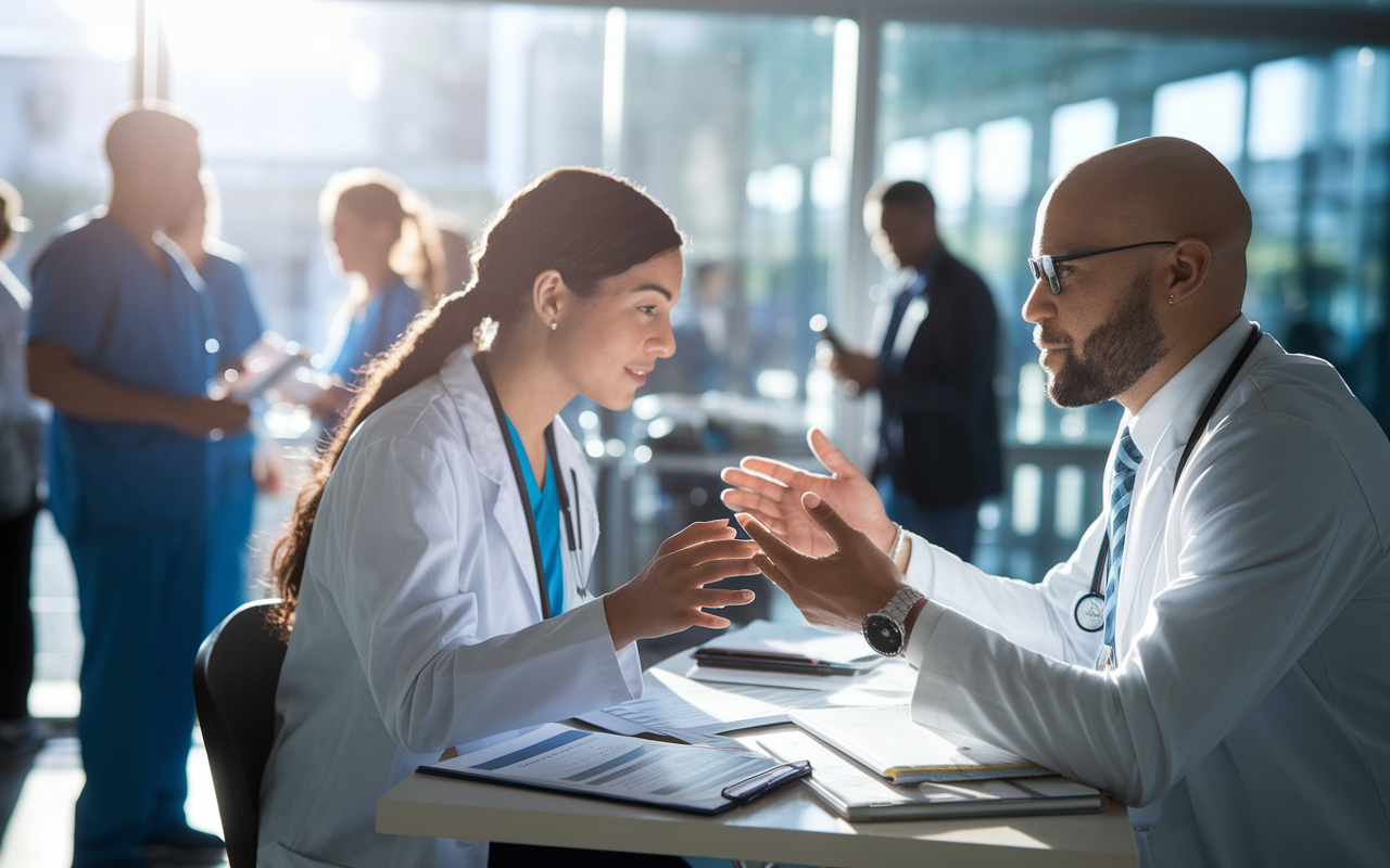 A serene image depicting a busy hospital environment where a medical student receives personalized guidance from a mentor while preparing for residency applications. The setting captures a collaborative discussion with charts and LOR drafts on a table, sunlight streaming through the window lighting up their focused expressions. The background shows bustling healthcare professionals and patients, emphasizing the critical role of mentorship in developing future physicians. The overall atmosphere is supportive and academic, symbolizing growth and professional development.