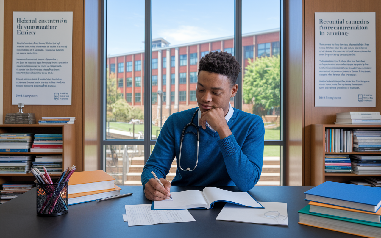 A thoughtful student sitting at a desk, meticulously crafting an email to potential recommenders in a well-lit study room filled with medical books and stationery. A large window showcases a vibrant campus outside, while posters about medical ethics adorn the walls, fostering an atmosphere of professionalism and academic focus. The student's expression reflects concentration and hope, highlighting the importance of careful selection and clear communication in the recommendation process.