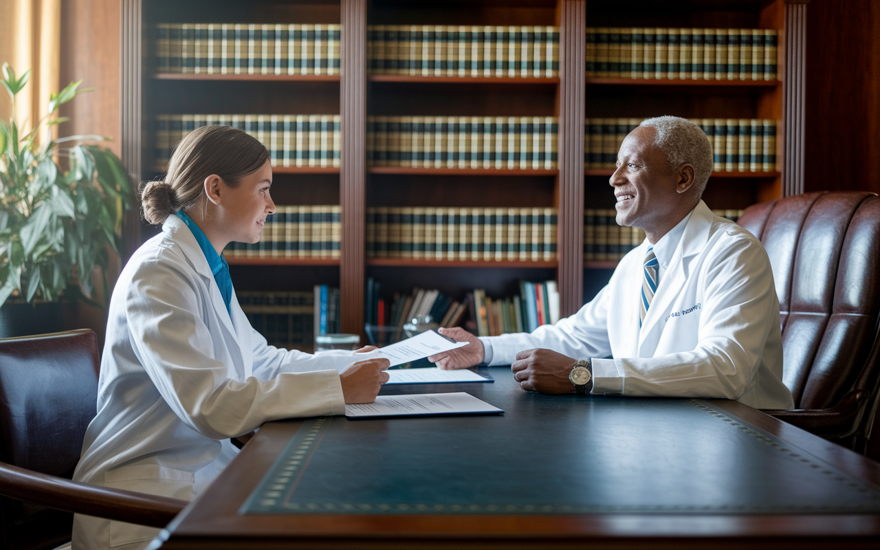 An image showing a medical student in a warm, inviting office, preparing to make a confident request for a letter of recommendation to a busy attending physician. The attending is seated behind a large wooden desk, looking supportive and engaged as the student presents their CV and personal statement. Natural light is softly illuminating the scene, highlighting the professional rapport and mutual respect. The background features shelves filled with medical texts, symbolizing knowledge and mentorship.