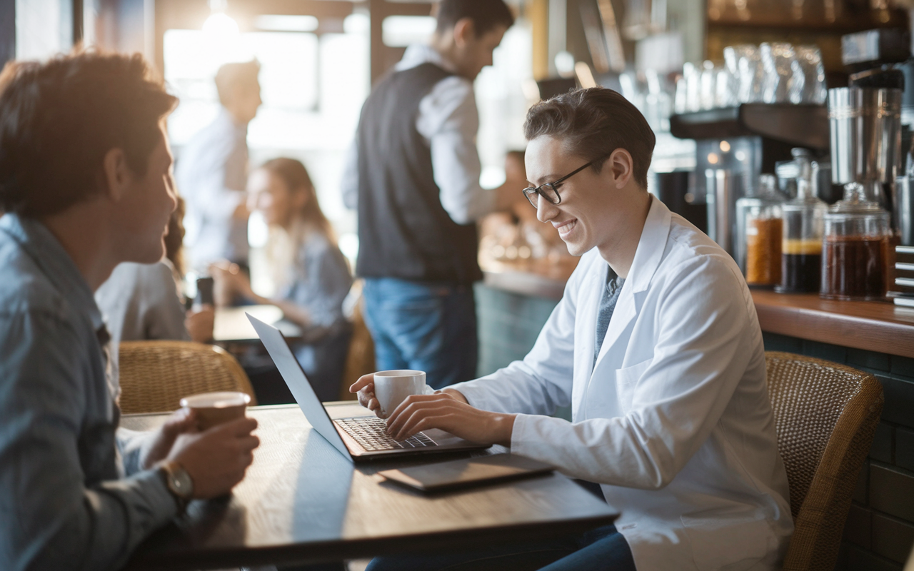 A warm scene capturing the moment a medical student sends a thank-you email to a recommender after LOR submission, seated at a cozy coffee shop with a laptop open and a cheerful barista serving beverages nearby. The atmosphere is filled with warmth and camaraderie, as other students engage in discussions around them. Soft light creates an encouraging ambiance, underscoring the theme of maintaining relationships and gratitude throughout the process.