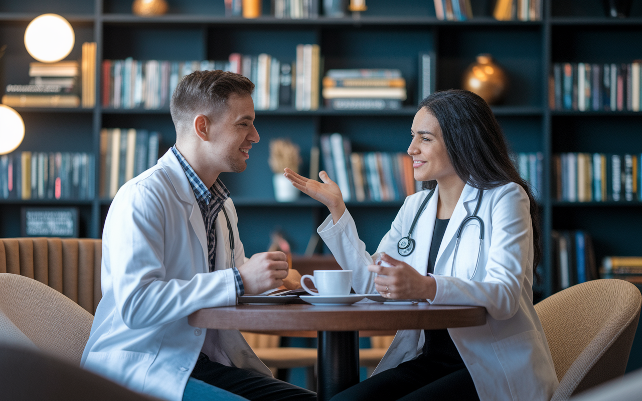 A reflective scene of two medical students discussing their LOR experiences over coffee in a sophisticated café, one sharing a positive experience while the other expresses regret over missed opportunities. The background portrays a cozy environment filled with books and academic decorations, creating a contemplative atmosphere highlighting the importance of learning from the LOR process. Soft lighting adds warmth, inviting the viewer to engage in their journey toward improvement.