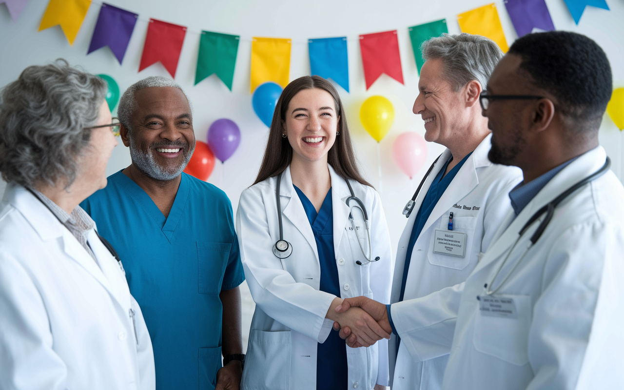 An uplifting scene showing Emily celebrating with her attending physicians after receiving acceptance into her critical care residency program. The background features colorful balloons and congratulatory banners in a celebratory atmosphere. The group shares smiles and shakes hands, symbolizing the impact of strong LORs and meaningful mentorship in achieving career goals. Bright, joyful colors and uplifting expressions convey a sense of accomplishment and camaraderie.