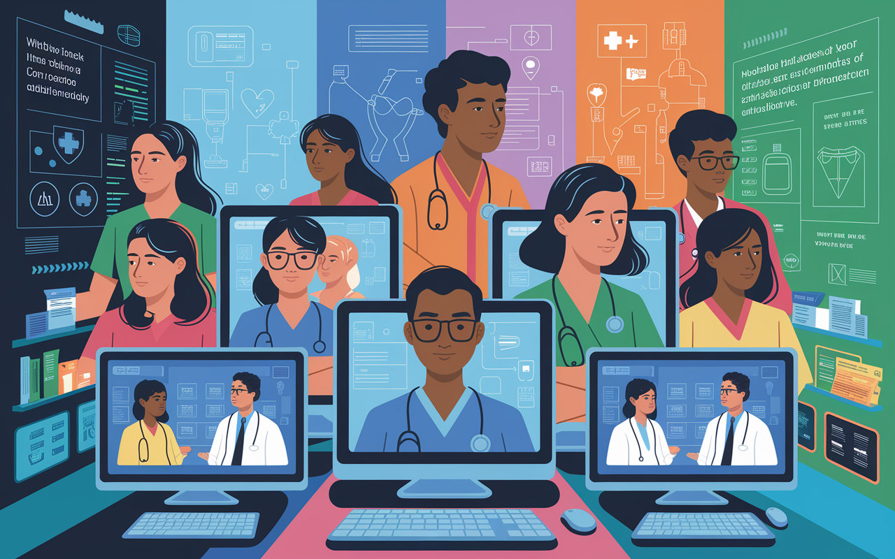 A symbolic representation of the future of medical education showcasing a diverse group of students engaging in virtual shadowing. The students are from various ethnic backgrounds and appear focused as they watch live medical demonstrations on different screens, with a backdrop of healthcare icons and technology. Bright, hopeful colors and a modern aesthetic highlight the innovative nature of virtual learning in medicine. The room is filled with inspirational posters about healthcare advancements, symbolizing motivation and ambition for a new generation of healthcare professionals.