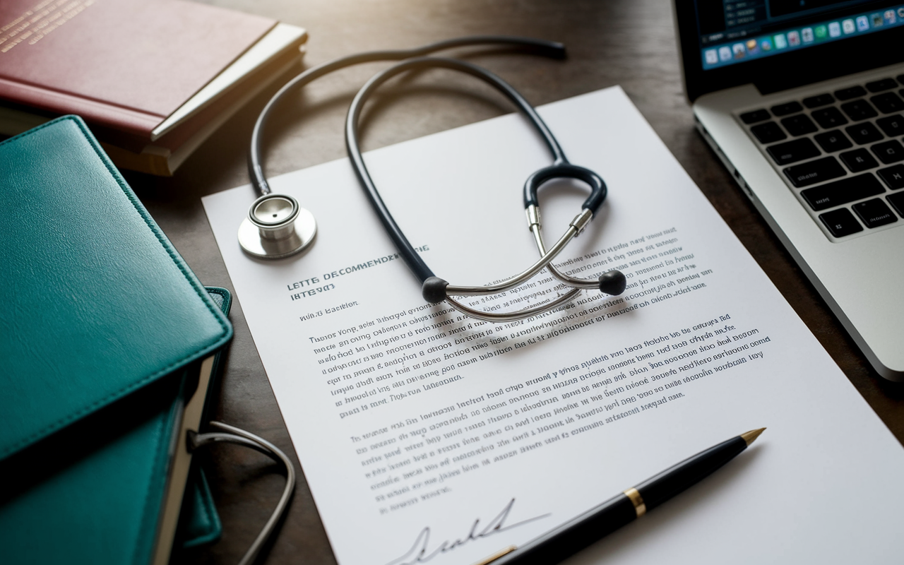 A close-up view of an impactful letter of recommendation, featuring rich, detailed text describing a candidate’s clinical skills and character. The letter is decorated with a formal header and signature, surrounded by a stylish pen and a stethoscope, set on a cluttered desk with medical textbooks and a laptop open displaying medical data. Soft natural lighting highlights the importance of the document in a professional setting.