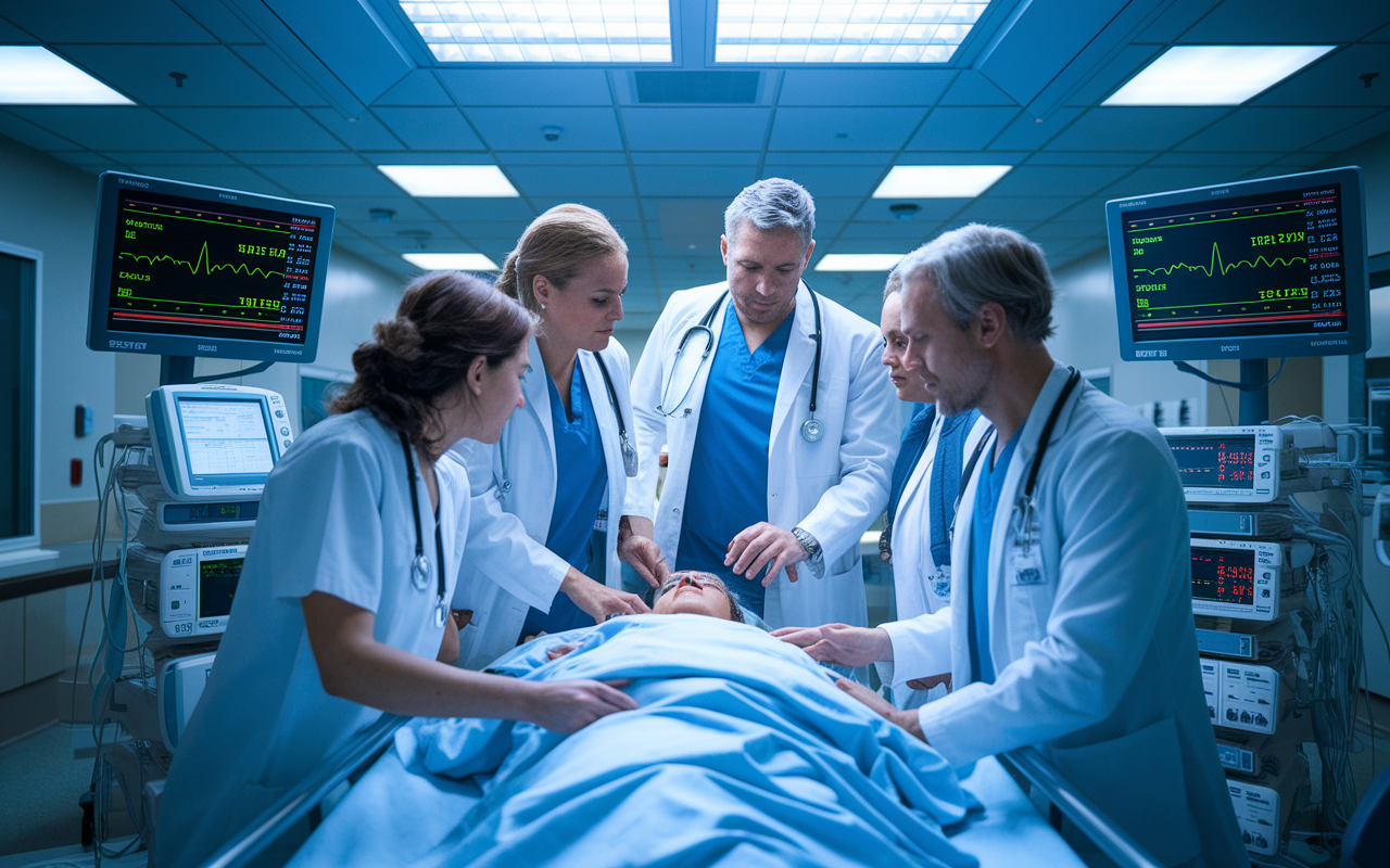 A dynamic scene inside a bustling hospital setting, where a medical team is working together in the ICU. Doctors and nurses are engaged in a serious discussion around a patient’s chart with high-tech monitors displaying vital stats in the background. The lighting is bright, emphasizing the urgency and professionalism of the environment, capturing the essence of teamwork in a challenging medical situation.