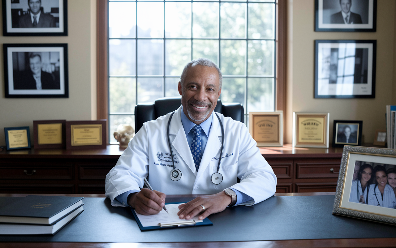 A seasoned physician sitting in a well-appointed office, writing a letter of recommendation for a resident. The doctor is portrayed with an air of authority and warmth, surrounded by awards and photographs of medical milestones on the walls. The light pours in through a large window, illuminating the desk filled with medical books and a framed photo of students, symbolizing mentorship and support.