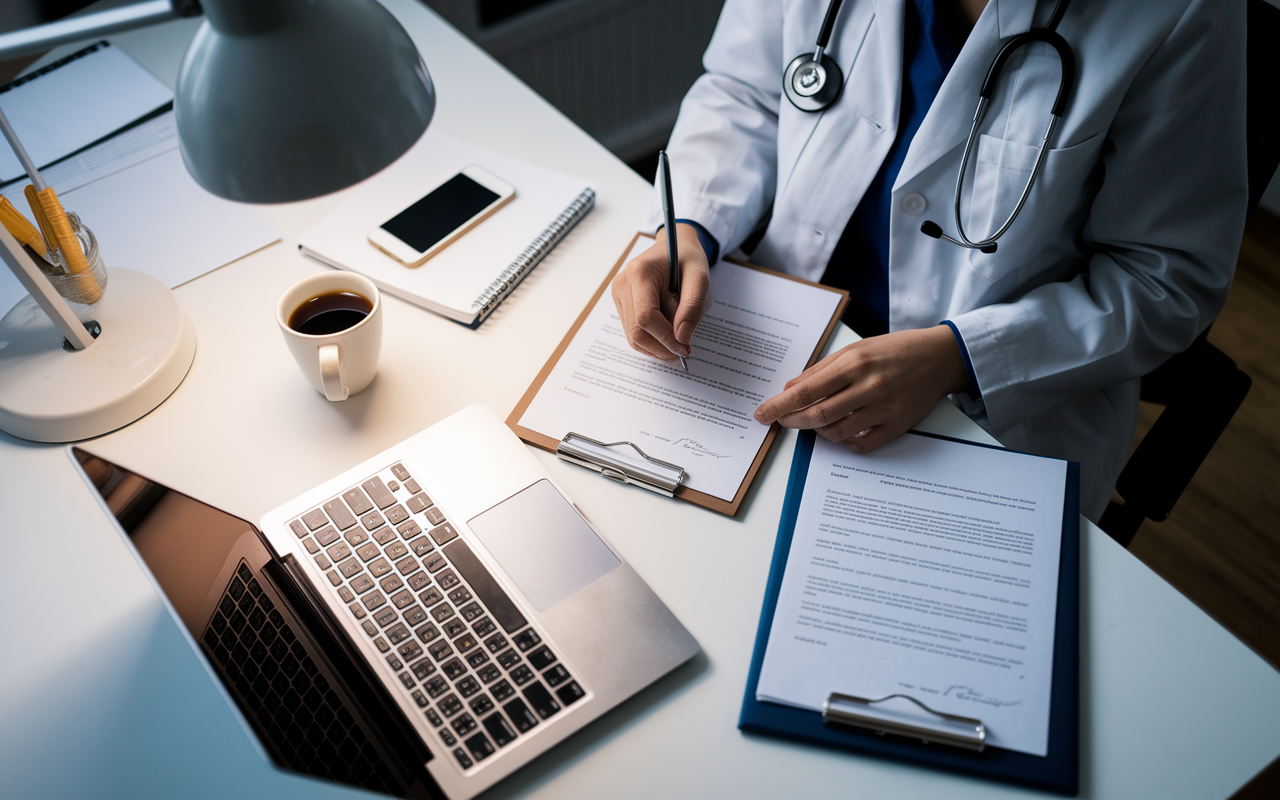 A medical student sitting at a tidy desk, preparing to request letters of recommendation. The desk is adorned with neatly organized documents, a laptop displaying a concise email template, and a cup of coffee. The soft light from a desk lamp creates a focused atmosphere, representing the careful planning and organization necessary for securing impactful letters.