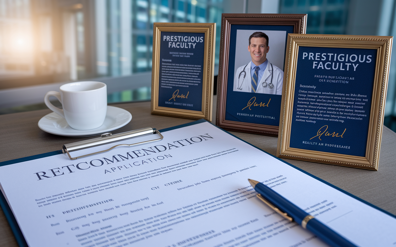 A visual representation of the impact of letters of recommendation in a medical residency application. The foreground shows an open CV with personal achievements, and behind it, glowing endorsements framed in gold. One endorsement features a prestigious faculty member’s portrait and signature, while the background showcases a blurred image of a hospital or medical institution, reflecting credibility and professionalism.