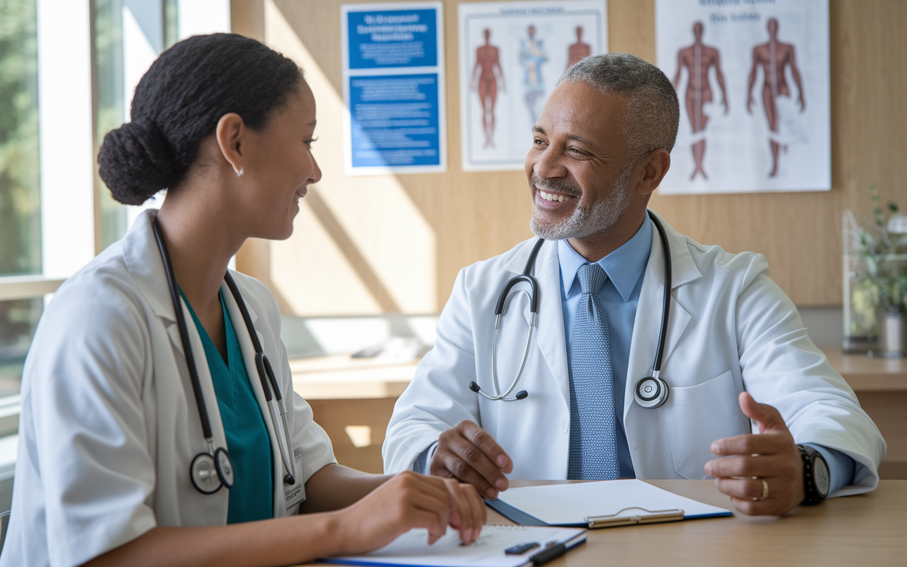 A young medical student in a university setting, interacting with a professor during office hours. The professor is offering guidance, while a few educational posters and medical charts are visible in the background. The atmosphere is friendly, highlighting the importance of mentorship and the development of professional relationships. Natural light streams through the window, creating an inviting environment.