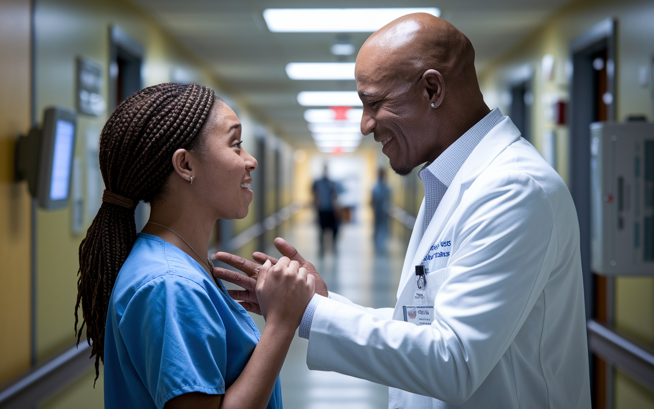 An emotional scene depicting a medical student sharing a personal moment with a mentor in a hospital hallway. The mentor is listening intently, with a warm smile, as the student expresses their aspirations. Medical equipment in the background, coupled with soft, ambient lighting, exudes a sense of support and encouragement.